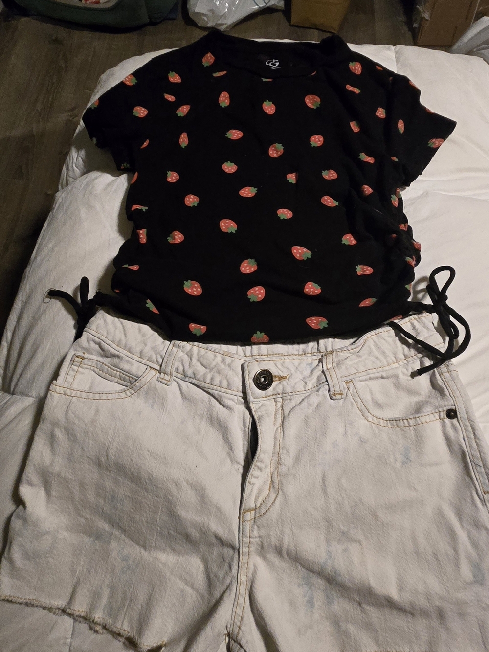 Kids Cherokee Black Strawberry Print Top with Cream Shorts Kids Matching Set